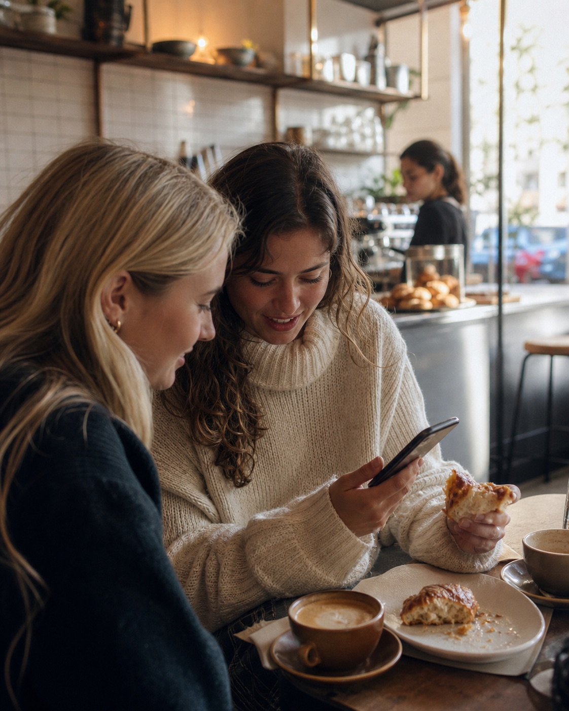 Friends sharing a cafe recommendation